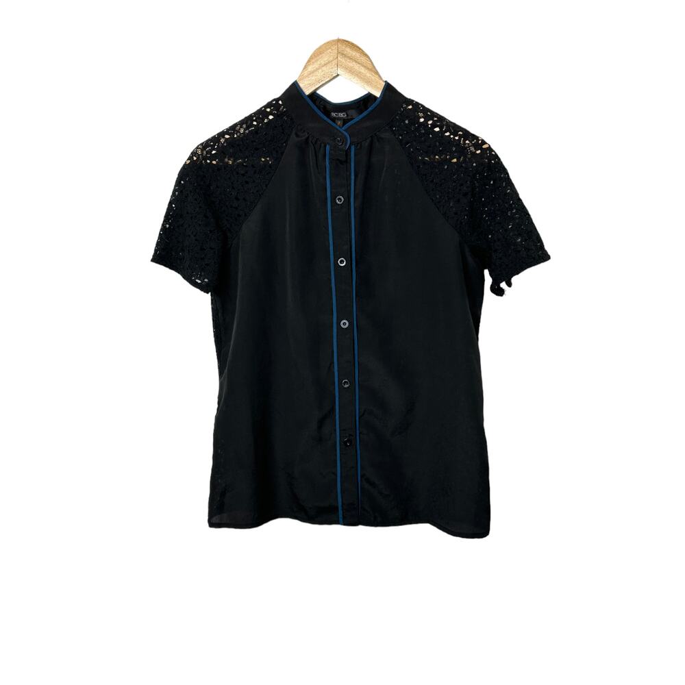 BCBG PARIS Black Short Sleeve Eyelet Button-Up Blouse Women's Sz XS New